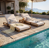 Acacia Wood Chaise Lounge Set with 4" Water-Resistant Cushion, 4-Position Adjustable Recliner, Outdoor Patio Lounger