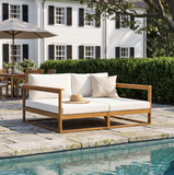 Outdoor Double Daybed Couch with Water-Resistant Cushions, Acacia Wood Patio Chaise Lounge Bed