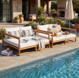 Outdoor Double Daybed Couch with Water-Resistant Cushions, Acacia Wood Patio Chaise Lounge Bed