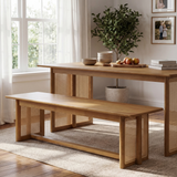 59" Dining Bench, Minimalist Entryway Bench with Plastic Rattan Weave Accent Panels & Rubberwood Frame