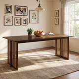 71" Dining Table, Mid-Century Modern Kitchen Table with Plastic Rattan Accents & Rubberwood Frame, Seats 6