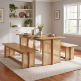 3-Piece Rubber Wood Dining Set, Mid-Century Modern 6-Seater Kitchen Dining Table with 2 Benches & Rattan Accents