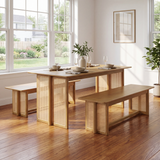 3-Piece Rubber Wood Dining Set, Mid-Century Modern 6-Seater Kitchen Dining Table with 2 Benches & Rattan Accents