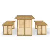 3-Piece Rubber Wood Dining Set, Mid-Century Modern 6-Seater Kitchen Dining Table with 2 Benches & Rattan Accents