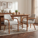 Set of 2 Mid-Century Modern Dining Chairs, Fabric Armchairs with Solid Rubber Wood Legs
