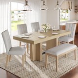 Farmhouse Extendable Dining Table Set, Kitchen Table with Bench & 4 Upholstered Chairs, Trestle Legs & 18" Leaf Extension
