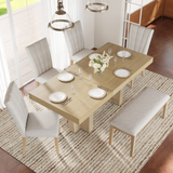 Farmhouse Extendable Dining Table Set, Kitchen Table with Bench & 4 Upholstered Chairs, Trestle Legs & 18" Leaf Extension