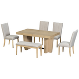 Farmhouse Extendable Dining Table Set, Kitchen Table with Bench & 4 Upholstered Chairs, Trestle Legs & 18" Leaf Extension