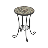 Ceramic Tile Patio Side Table, Round Outdoor Accent End Table with Iron Frame for Patio, Balcony, Garden & Indoor Spaces