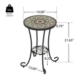 Ceramic Tile Patio Side Table, Round Outdoor Accent End Table with Iron Frame for Patio, Balcony, Garden & Indoor Spaces