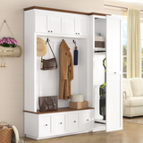 Entryway Hall Tree with Storage Bench, 5-in-1 Farmhouse Coat Rack with Cabinets, Drawers, Tall Utility Side Closet & 4 Hooks