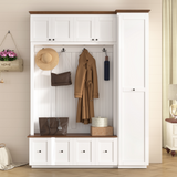 Entryway Hall Tree with Storage Bench, 5-in-1 Farmhouse Coat Rack with Cabinets, Drawers, Tall Utility Side Closet & 4 Hooks