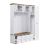 Entryway Hall Tree with Storage Bench, 5-in-1 Farmhouse Coat Rack with Cabinets, Drawers, Tall Utility Side Closet & 4 Hooks