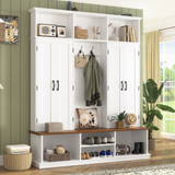 Modern Farmhouse Hall Tree with Storage Bench, All-in-One Entryway Coat Rack with Hooks, 3 Top Cubbies & Shoe Organizer