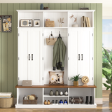 Modern Farmhouse Hall Tree with Storage Bench, All-in-One Entryway Coat Rack with Hooks, 3 Top Cubbies & Shoe Organizer
