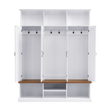Modern Farmhouse Hall Tree with Storage Bench, All-in-One Entryway Coat Rack with Hooks, 3 Top Cubbies & Shoe Organizer