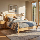 King Solid Wood Platform Bed Frame 4-Poster Bed Retro Wooden Bed with Arched Headboard, Natural