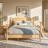 King Solid Wood Platform Bed Frame 4-Poster Bed Retro Wooden Bed with Arched Headboard, Natural