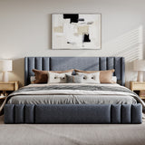 King Upholstered Platform Bed Frame Soft Padded Bed with Wingback Headboard, Low-profile Bed, Gray