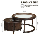 Modern Vintage Round Nesting Coffee Table Set with Glass Top, Wooden Center Table with Storage Side Table