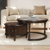 Modern Vintage Round Nesting Coffee Table Set with Glass Top, Wooden Center Table with Storage Side Table