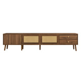 76" Modern Rattan TV Stand for 85" TVs, Wood Grain Entertainment Center with Storage Cabinets Media TV Console Table, Natural