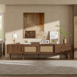 76" Modern Rattan TV Stand for 85" TVs, Wood Grain Entertainment Center with Storage Cabinets Media TV Console Table, Natural