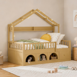Full Size House Platform Bed Frame, LED Montessori Floor Bed with Roof, Safety Guardrails, Drawer & Cubby for Kids/Toddler