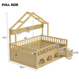 Full Size House Platform Bed Frame, LED Montessori Floor Bed with Roof, Safety Guardrails, Drawer & Cubby for Kids/Toddler