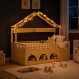 Full Size House Platform Bed Frame, LED Montessori Floor Bed with Roof, Safety Guardrails, Drawer & Cubby for Kids/Toddler