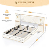 Velvet Upholstered Platform Bed with LED Lights & Storage Side Panels, Queen Wingback Headboard Bed Frame