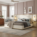 Velvet Upholstered Platform Bed with LED Lights & Storage Side Panels, Queen Wingback Headboard Bed Frame