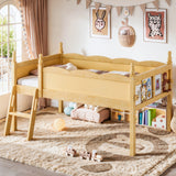 Twin Size Low Loft Bed with Full-Length Guardrails & Side Bookshelf, Kids Loft Bed Frame with Ladder