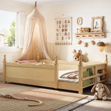 Twin Floor Bed with Guardrails & Side Bookshelf, Kids Wood Floor Bed Frame, Child Low Montessori Bed