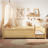 Twin Floor Bed with Guardrails & Side Bookshelf, Kids Wood Floor Bed Frame, Child Low Montessori Bed