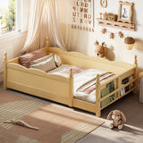 Twin Floor Bed with Guardrails & Side Bookshelf, Kids Wood Floor Bed Frame, Child Low Montessori Bed