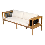 Outdoor Lounge Sofa Patio Loveseat Daybed 2-Seater Bench with Soft Cushion & Weather-Resistant Acacia Wood Frame, Teak&Black&Cream