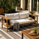 Outdoor Lounge Sofa Patio Loveseat Daybed 2-Seater Bench with Soft Cushion & Weather-Resistant Acacia Wood Frame, Teak&Black&Cream
