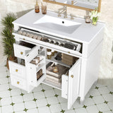 36" Bathroom Vanity with Sink, Solid Wood Freestanding Bathroom Cabinet with Drawers, 2 Soft-Close Doors & Gold Handles