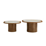 2pcs Coffee Table with Sintered Stone Tabletop, Rounded Sofa Side Table Irregular Center Table End Table for Living Room, Walnut