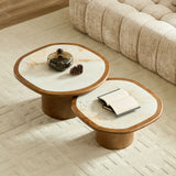 2pcs Coffee Table with Sintered Stone Tabletop, Rounded Sofa Side Table Irregular Center Table End Table for Living Room, Walnut