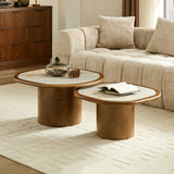 2pcs Coffee Table with Sintered Stone Tabletop, Rounded Sofa Side Table Irregular Center Table End Table for Living Room, Walnut