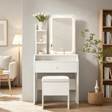 Makeup Vanity Desk Set Compact Dressing Table with Storage Stool, 3 Color Lighted Mirror, Charging Station, Storage Drawer&Shelf, White