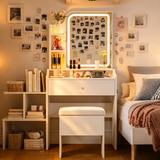 Makeup Vanity Desk Set Compact Dressing Table with Storage Stool, 3 Color Lighted Mirror, Charging Station, Storage Drawer&Shelf, White