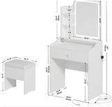 Makeup Vanity Desk Set Compact Dressing Table with Storage Stool, 3 Color Lighted Mirror, Charging Station, Storage Drawer&Shelf, White