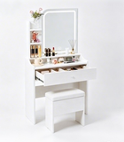 Makeup Vanity Desk Set Compact Dressing Table with Storage Stool, 3 Color Lighted Mirror, Charging Station, Storage Drawer&Shelf, White