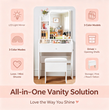 Makeup Vanity Desk Set Compact Dressing Table with Storage Stool, 3 Color Lighted Mirror, Charging Station, Storage Drawer&Shelf, White