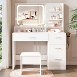 Makeup Vanity Desk Set with Padded Stool, White Dressing Table with 3 Color Lighted Mirror, Hair Dryer Holder, Power Outlet&Storage Drawers