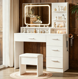 Makeup Vanity Desk Set with Padded Stool, White Dressing Table with 3 Color Lighted Mirror, Hair Dryer Holder, Power Outlet&Storage Drawers