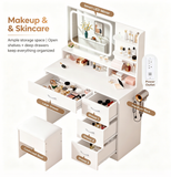 Makeup Vanity Desk Set with Padded Stool, White Dressing Table with 3 Color Lighted Mirror, Hair Dryer Holder, Power Outlet&Storage Drawers